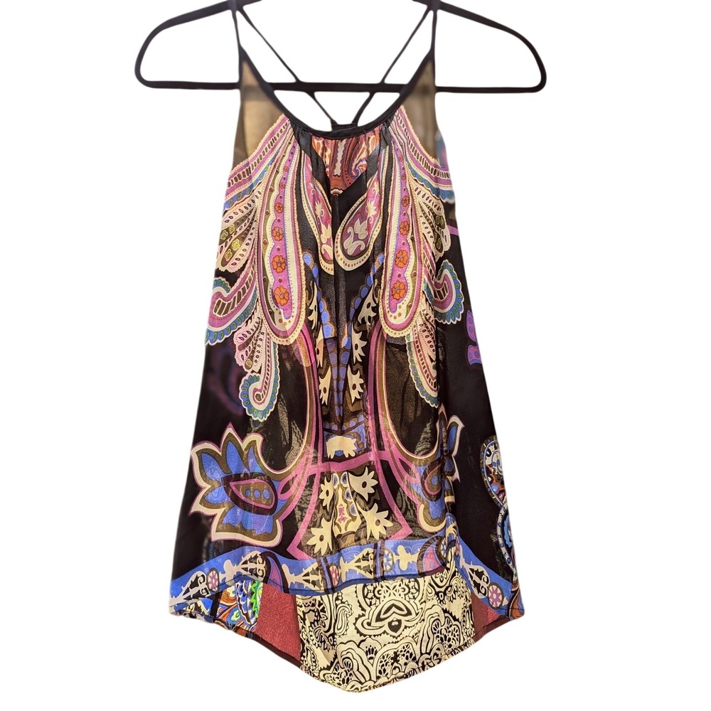 💥Jaloux Silk Paisley Beaded Back Halter Cami Top XS Multi-Color Festival Indie